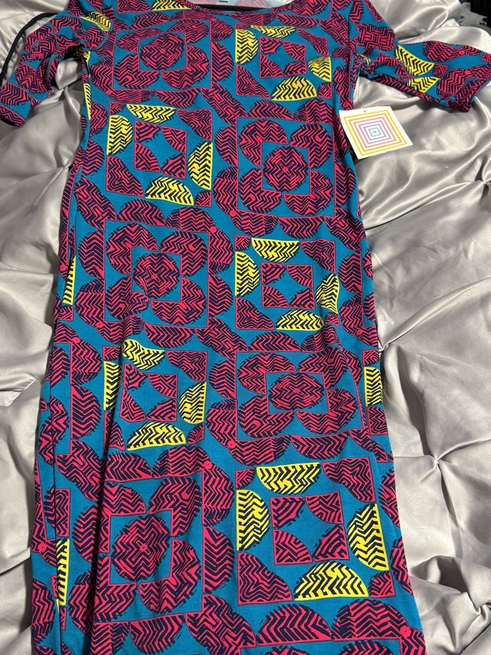 LuLaRoe Bright Teal, Pink & Yellow Geometric Dress
